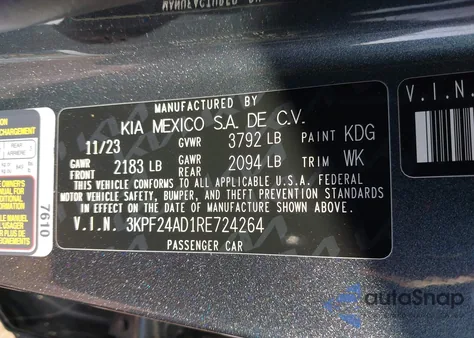 2024 Kia Forte Lxs из США, поврежденный, VIN 3KPF24AD1RE724264